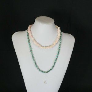 Vintage Lot of 2 Stone and Shell Beaded Necklaces Pink and Turquoise Beach Look